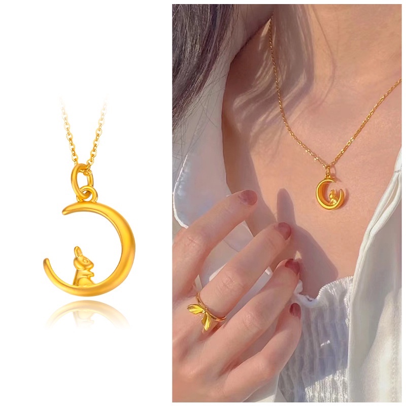 Goldkingdom Perhiasan Fashion Emas Asli Kadar 375 Bangkok Aksesoris Ready Stock Lapis Emas Bulan Kelinci Lucu Liontin Minimalis Rantai Klavikula