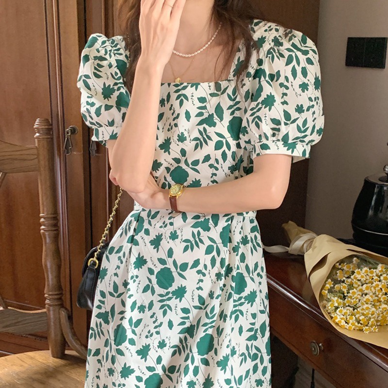 Korea Midi Dress Puff Sleeve Motif Daun Summer Fashion Terbaru