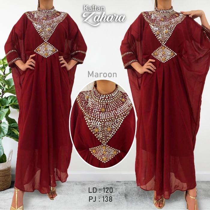 Gamis Jumbo Murah Zahara Kaftan Jumbo Full Payet Mewah / Gamis / Fashion Muslim - Maroon Berkualitas