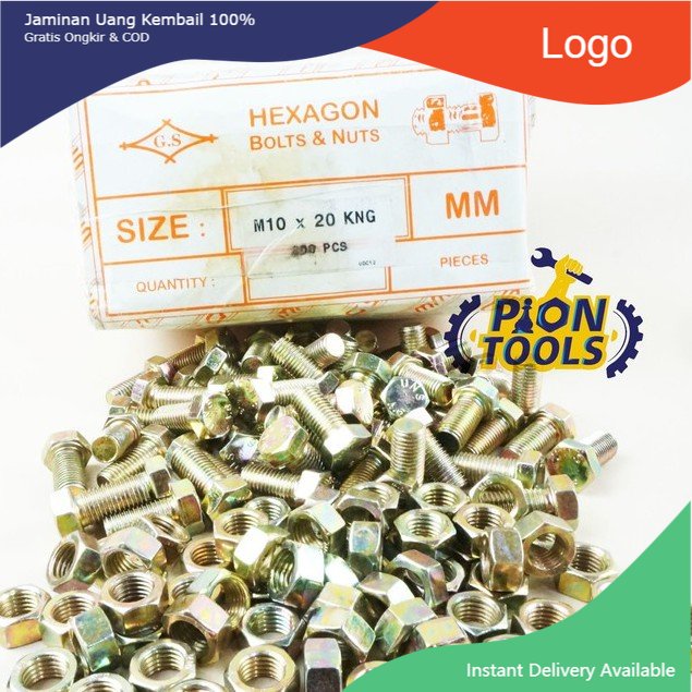 Baut Mur Besi M10x20 Kuning Kunci 14 P1.25 Panjang 2cm