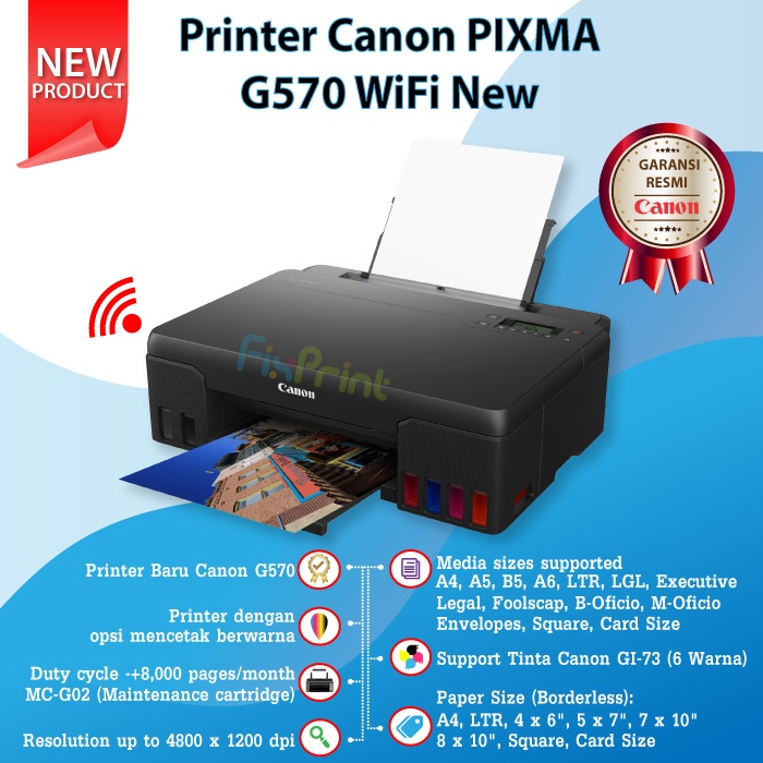 Printer Canon PIXMA G570 G-570 Inkjet Photo Tinta 6 Warna GI73 WiFi