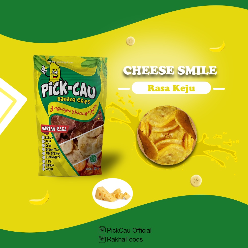 

Keripik pisang Pick-Cau Banana Chips Cheese Smile - Keripik Pisang rasa keju Bumbu Tebal gurih dan Renyah 80gram