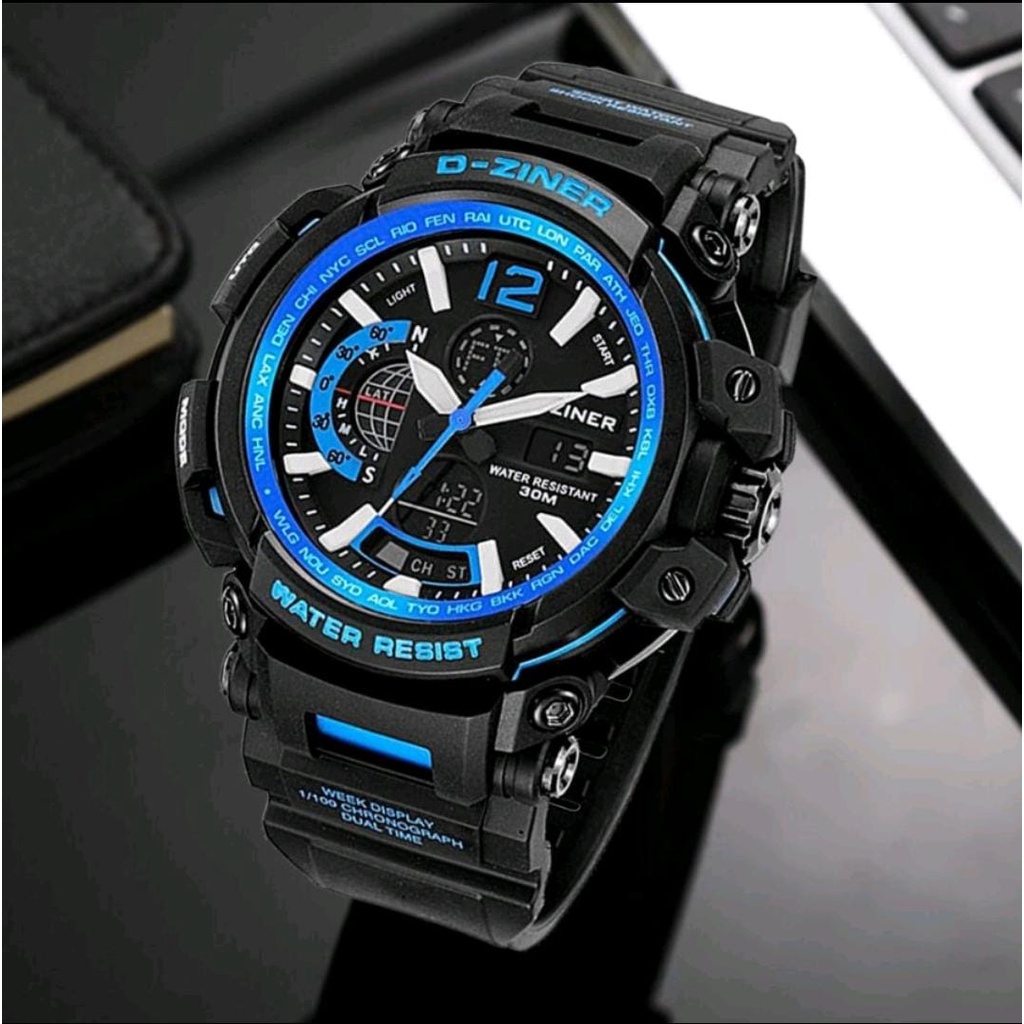 WATER RESIST JAM TANGAN PRIA DZINER 8228 ORIGINAL DIGITAL DUAL TIME METAL RUBBER JAM TANGAN D-ZINER DIGITAL ANALOG ANTI AIR FREE BOX ORIGINAL + KARTU GARANSI