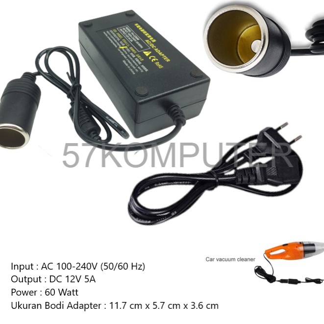 Adaptor Vacuum Vakum Vacum Mobil AC To 12V DC 5A Socket Lighter