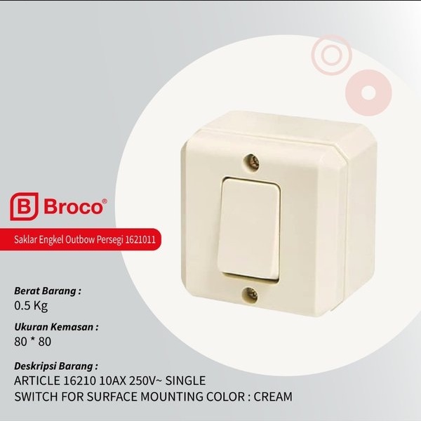 Saklar Tunggal Outbow BROCO 16210 Putih 10A/250V