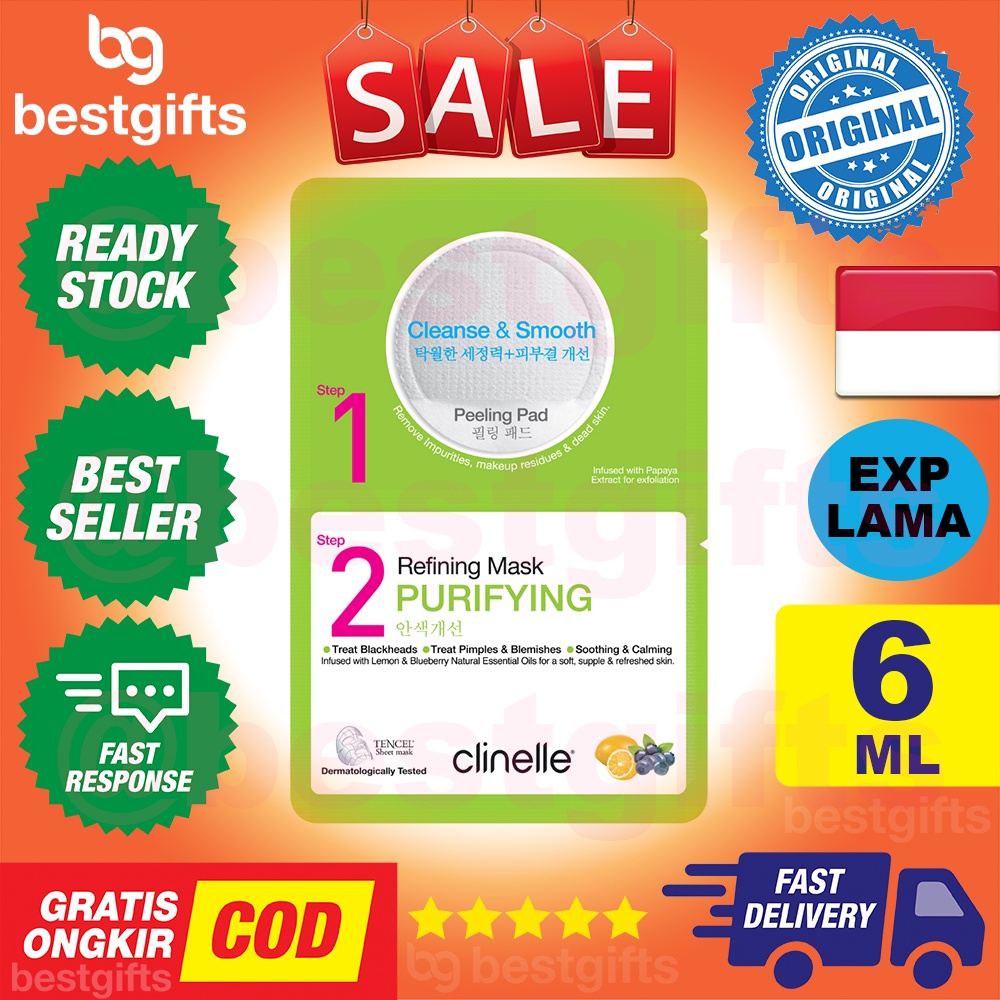 CLINELLE PEELING PAD &amp; REFINING MASK PURIFYING MASKER WAJAH KOMEDO KULIT BERJERAWAT 6 ML