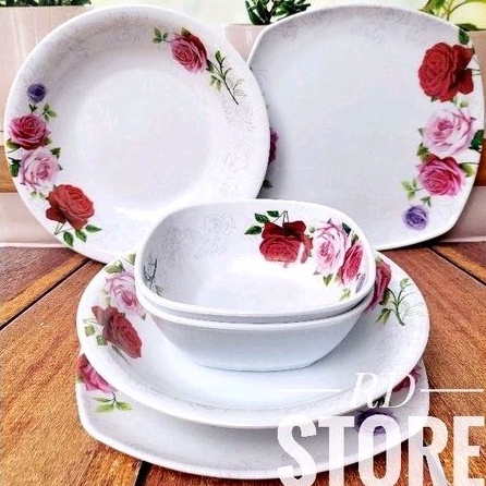 PROMO SET 6.PCS / ISI 2.PIRING KOTAK 2.PIRING MAKAN 2.MANGKOK KOTAK MOTIF ROSE MELAMINE