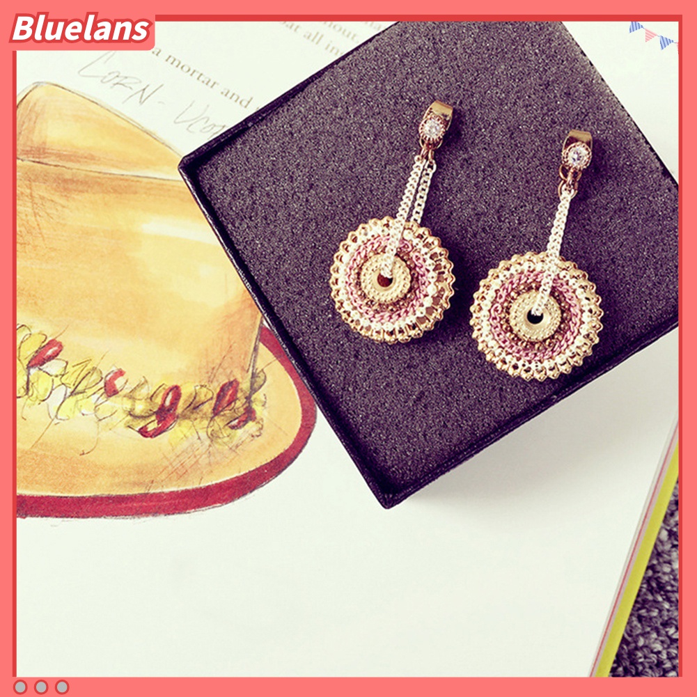 Anting Tusuk Gantung Desain Bulat Hias Berlian Imitasi Gaya Bohemian Handmade Untuk Wanita