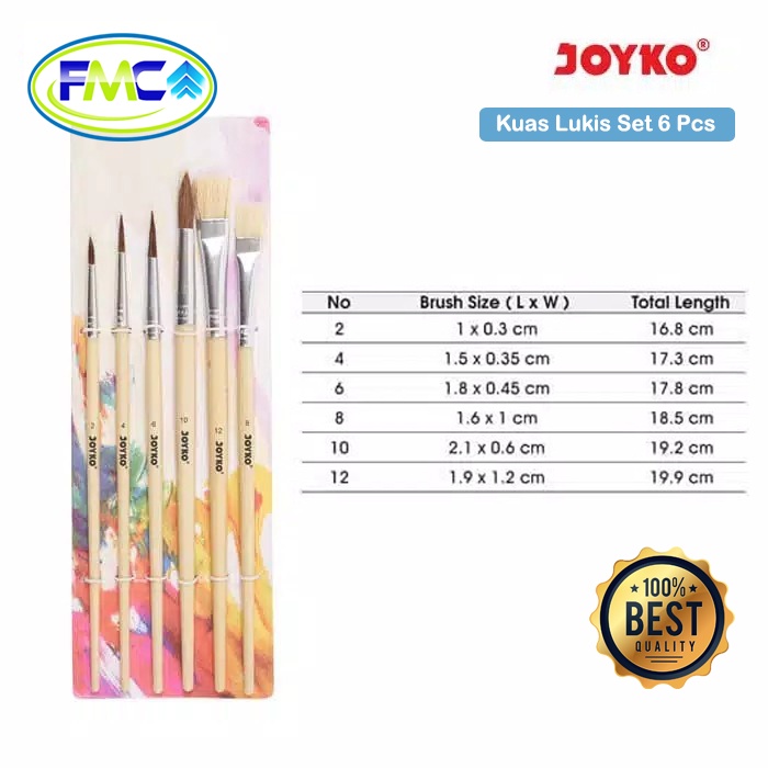 Kuas Lukis Set 6 Pcs Joyko Kuas Cat Air Melukis Mewarnai no 2, 4, 6, 8, 10, 12 Paint Brush Murah Kualitas Kuas Lembut