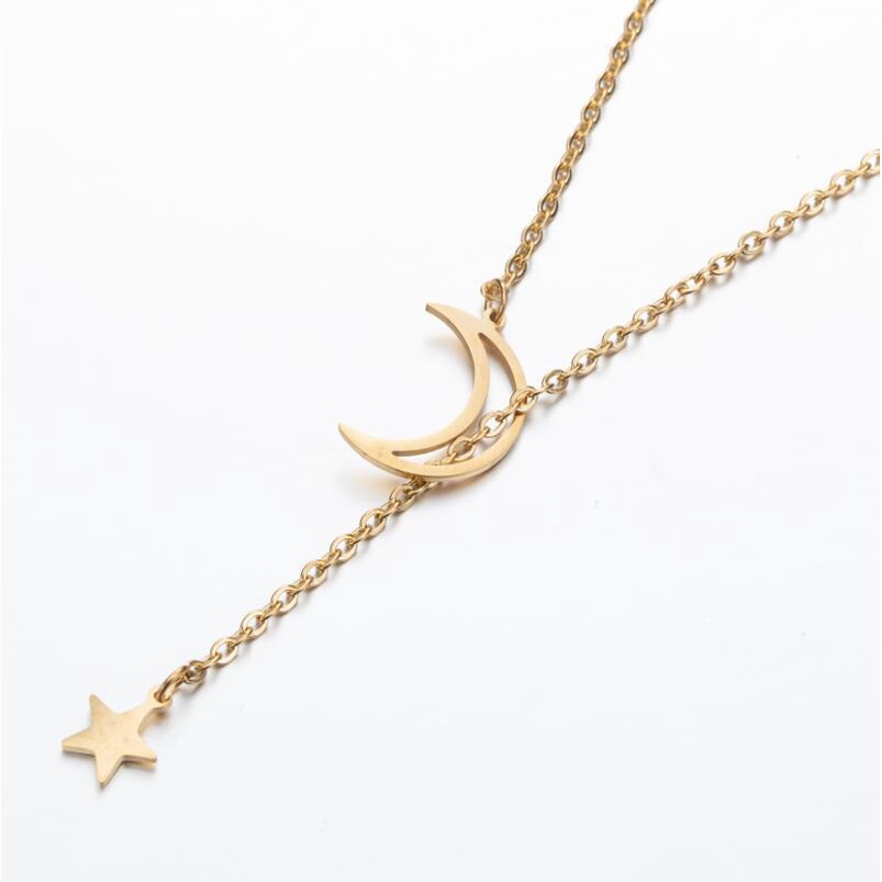 Kalung Rantai Klavikula Hias Liontin Bulan Bintang Geometris Gaya Korea Untuk Wanita