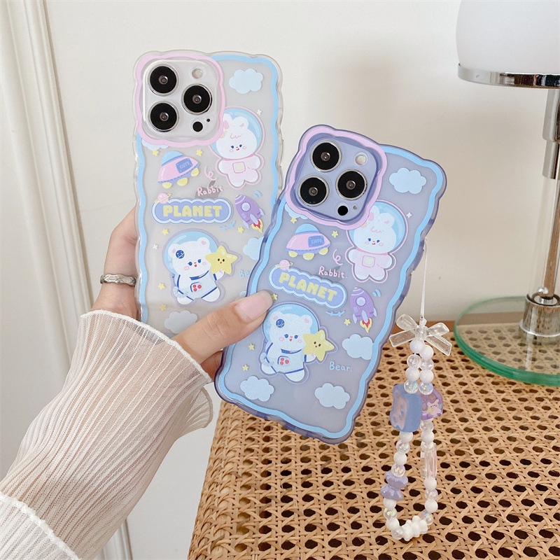 Case Transparan Bentuk Kartun Astronot Kelinci Dengan Rantai Manik-Manik Untuk Iphone 7 8 PLUS X XR XS 11 12 13 14 PRO MAX SE