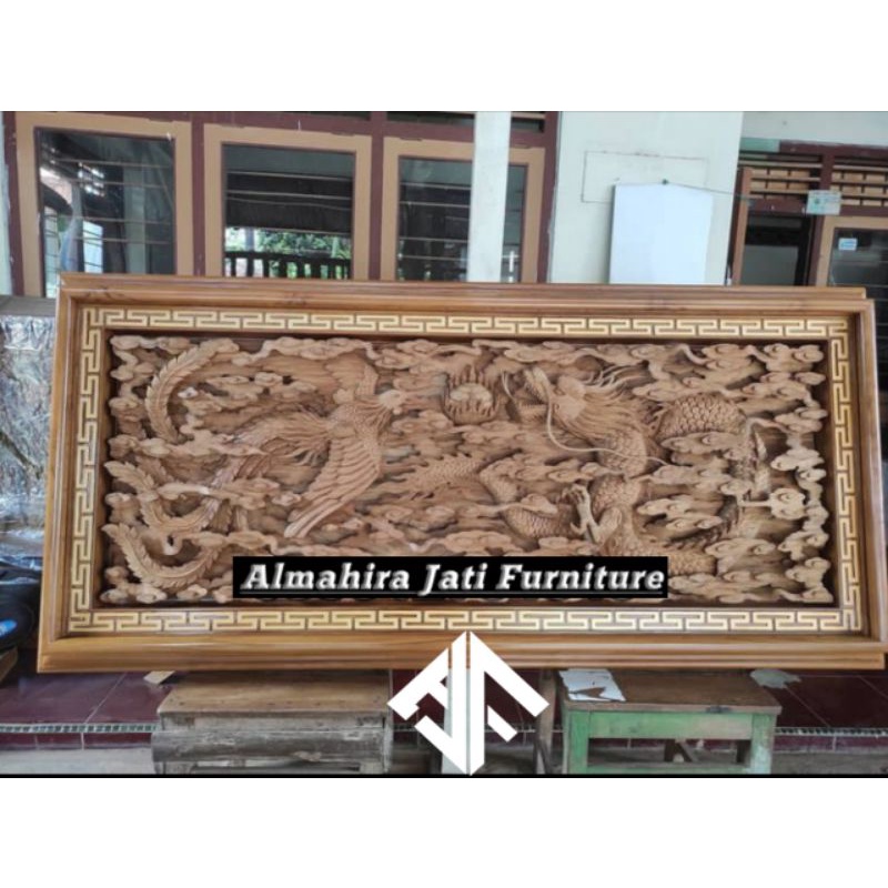 Hiasan Dinding Seni Ukir Relief 3D Motif Naga & Burung Hong / Ukiran Relief 3D Kayu Jati