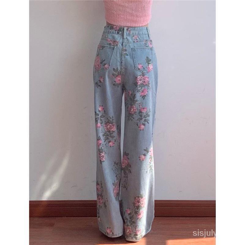 #Sisjuly# Jeans Vintage Dicetak Wanita Niche Jeans Longgar Pinggang Tinggi Kurus Lurus Celana Kaki L