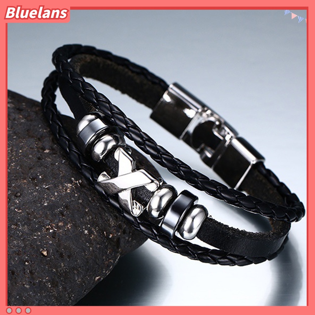 Bluelans Men Fashion Letter X Bracelet Bangle Braid Faux Leather Clasp Jewelry Accessory