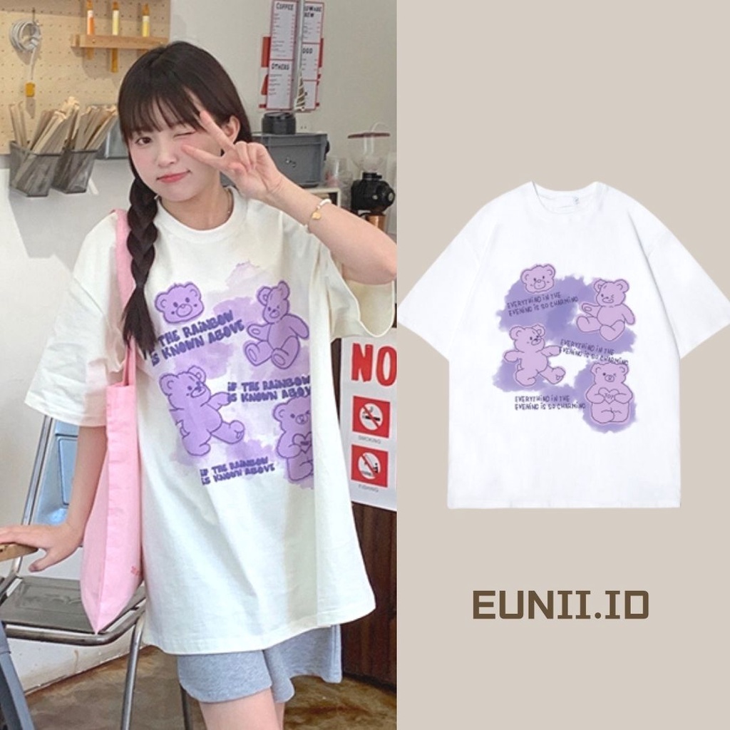 EUNII T-shirt Lengan Pendek Imut Ungu Beruang Pencetakan Longgar Korean Style/Kaos Atasan Wanita/Baju Kaus Oversize Wanita