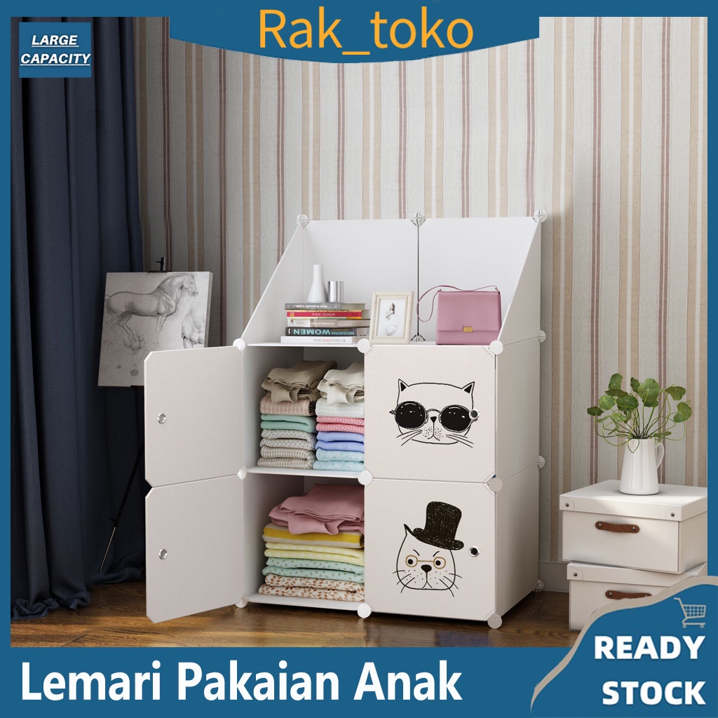 Lemari Pakaian Plastik Portable Serbaguna Dengan lemari pakaian anak  4/6 Muka