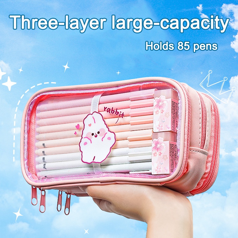 

Cute Pencil Bag Transparent PVC Student Cartoon Pencil Case Three-layer Large Capacity Kawaii Bag Ko