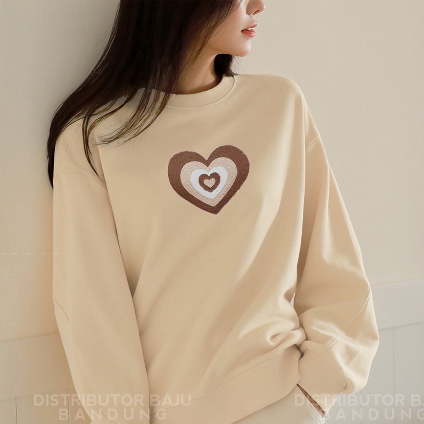 Sweater Wanita Heart Beat - Bordir - Cute Korean Style Crewneck Sweatshirt Lucu - Baju Wanita - Bahan Fleece - Allsize - Sweater Love Sign Terlaris