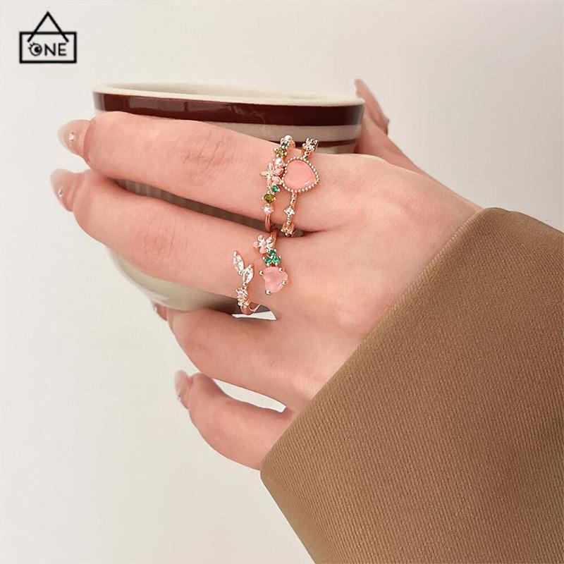 COD❤️Cincin Hati Love Cinta Fashion Korea Wanita Bentuk Bunga Pembukaan Dapat Disesuaikan Cahaya Mewah Manis Cincin Wanita-A.one