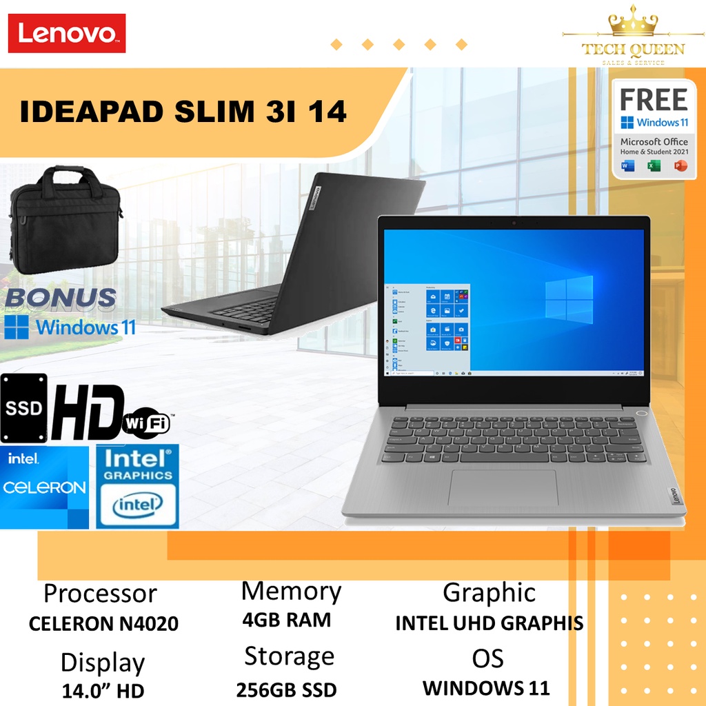 Lenovo Ideapad Slim 3i 14 Intel N4020 4GB 256SSD Windows 11+OHS 14.0 Inchi HD