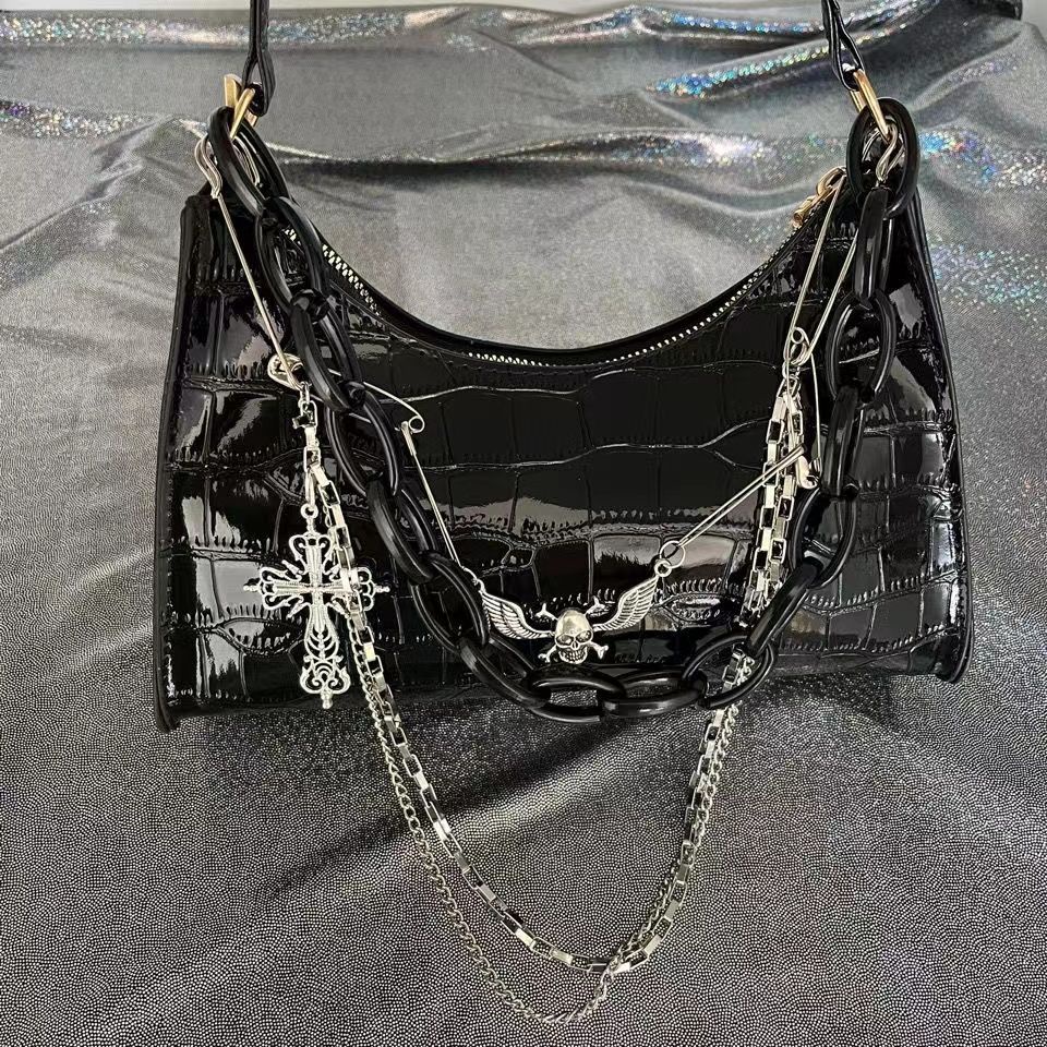 Suhao Asli Buatan Sendiri Subkultur Dark Punk Cross Tengkorak Satu Bahu Messenger Tas Y2K Spice Girl Rantai Ketiak Tas