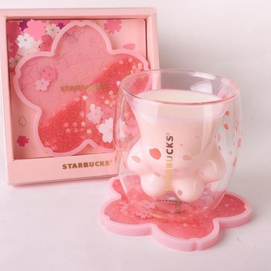 Ready Stock,, Starbucks Cat Paw Cup Pink Sakura Double Coffee Milk Wall Glass Mug Anniversary Christ