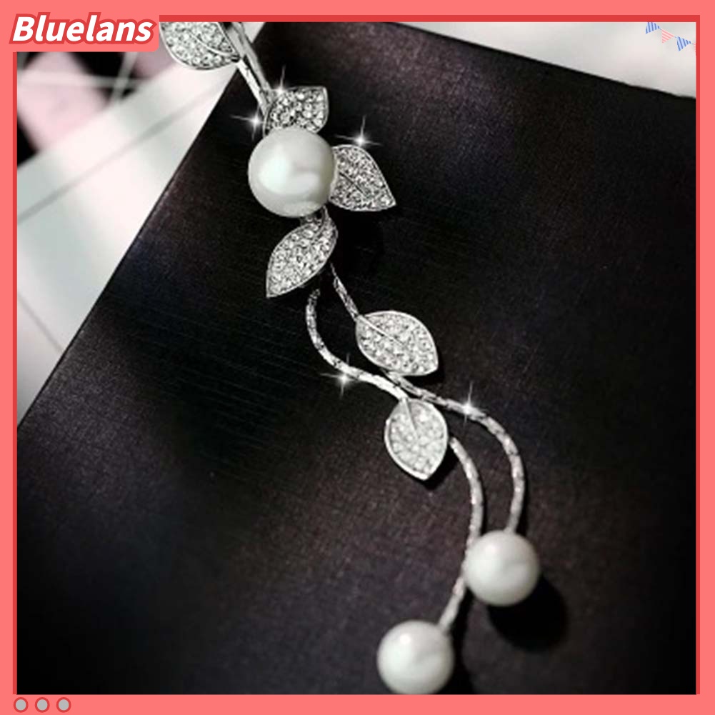 Bluelans Kalung Rantai Panjang Dengan Liontin Daun Mutiara Berlian Imitasi Untuk Wanita