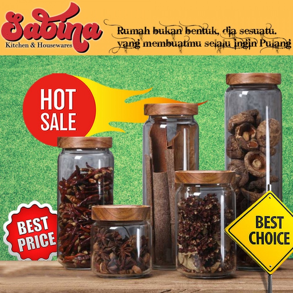 Toples Kaca Tutup Kayu Estetik Penyimpanan Makanan Glass Storage Jar