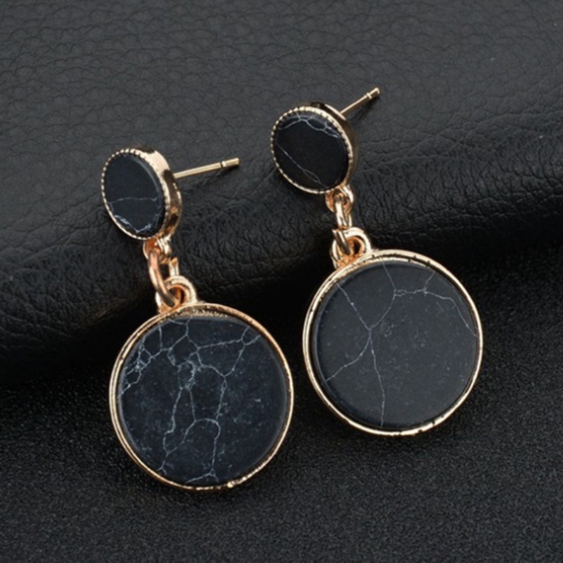 Anting Tusuk Desain Geometri Besar Motif Marmer Hitam Putih Handmade Untuk Wanita