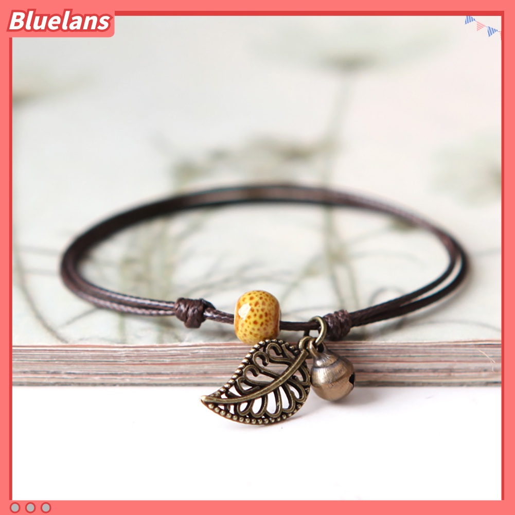 Bluelans Gelang Tali Rantai Manik-Manik Keramik Dengan Liontin Daun Gaya Vintage Untuk Pasangan