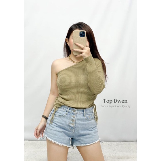 MDLV TOP DWEN RAJUT TOP ONE SHOULDER CROP SERUT RAJUT ATASAN CROP SEXY KOREA TERBARU FASHION WANITA