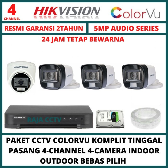 PAKET CCTV HIKVISION 5MP COLORVU COLORFUL 4 CHANNEL 4 KAMERA TURBO HD