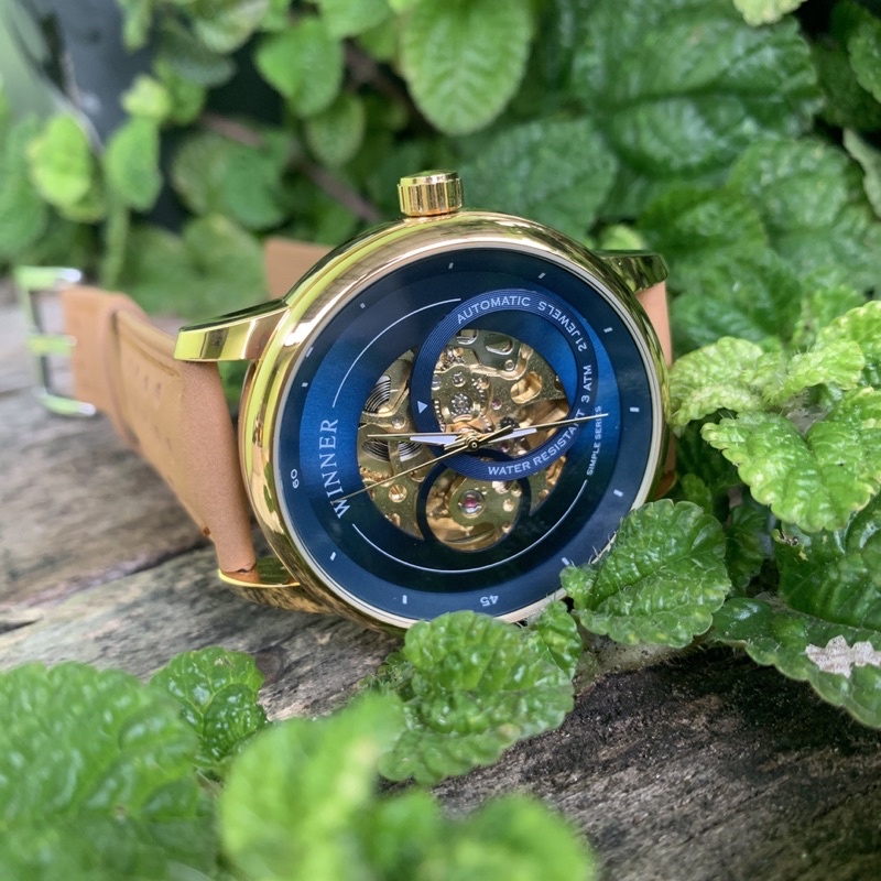 Jam Tangan Winner Automatic Gold Blue Tali Kulit