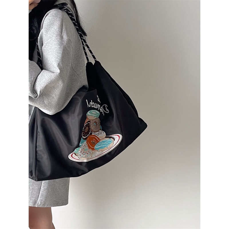 ₪Sera Jepang Niche Bordir Komuter Tas Kanvas Kapasitas Besar Nilon Tas 2022 Baru Wanita Bahu Tote Bag Pasang