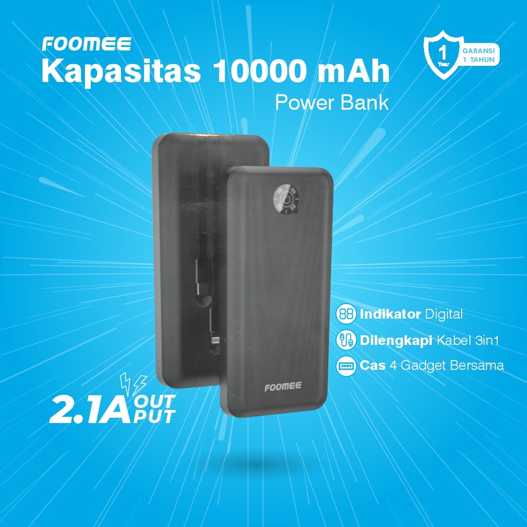 Foomee RY10 Power Bank 10000mAh 3in1 Kabel Original