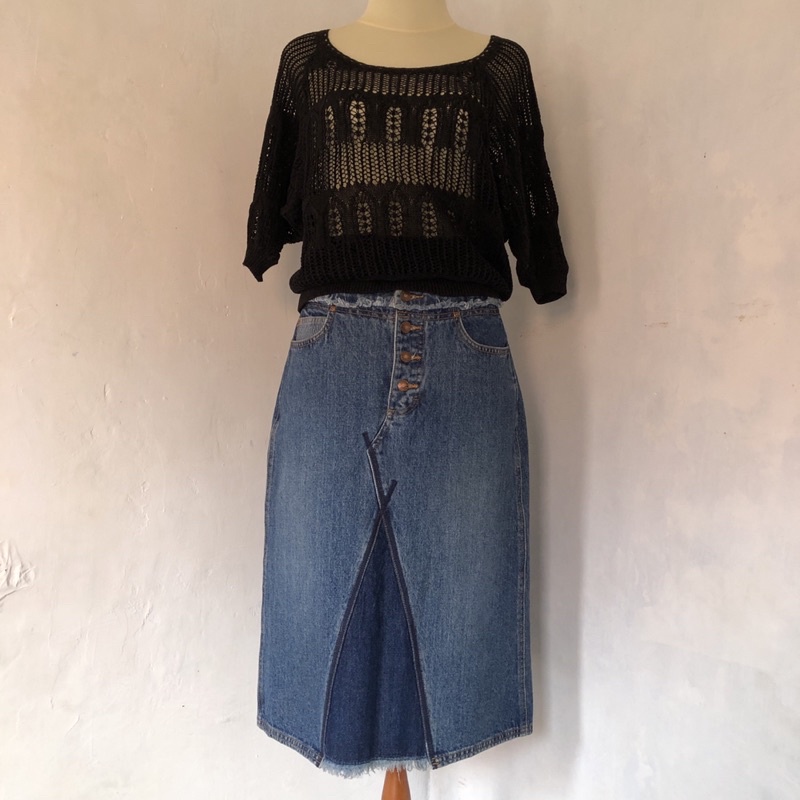 VINTAGE 90s ESPRIT SLIT PATCWORK LONG DENIM SKIRT & CROCHET KNIT TOP