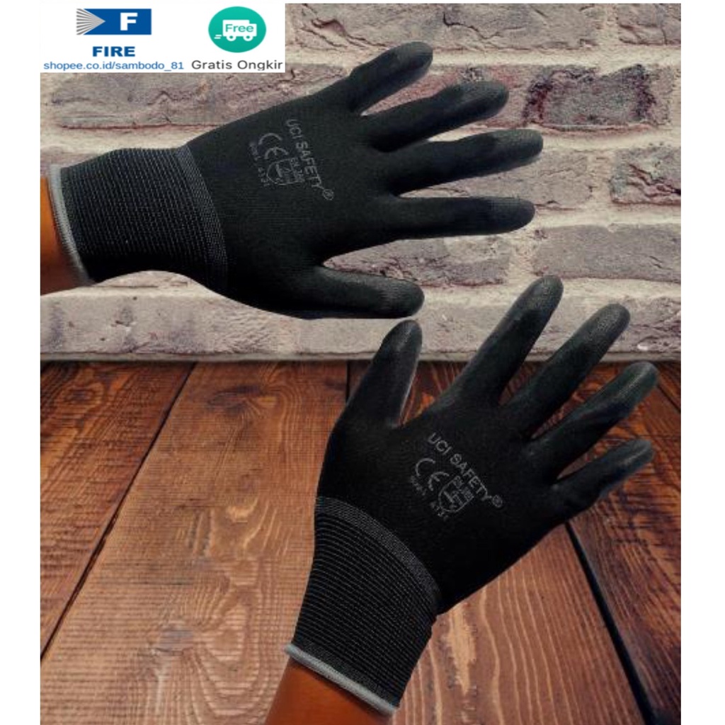 Sarung Tangan Coating Karet Pengaman kerja Packing PU Statis Multitask Karet Palm Fit Ukuran S,M, L, XL Proyek Satpam Anti Slip Hitam Black Hand Gloves Mekanik Montir Berkebun