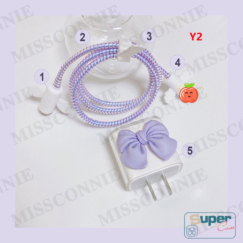 Set 5 In 1 Pelindung Kabel Data / Charger TPU Motif Kartun Pink / Ungu / Pita Untuk Apple 18 / 20W