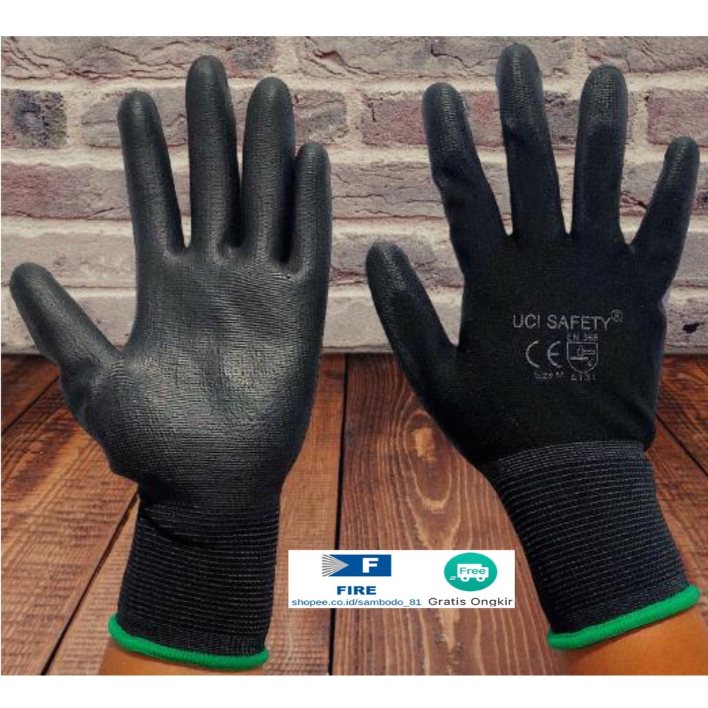 Sarung Tangan otomotif Bagunan Coating Karet Pengaman kerja Packing PU Statis Multitask Karet Palm Fit Ukuran S,M, L, XL Proyek Satpam Anti Slip Hitam Black Hand Gloves Mekanik
