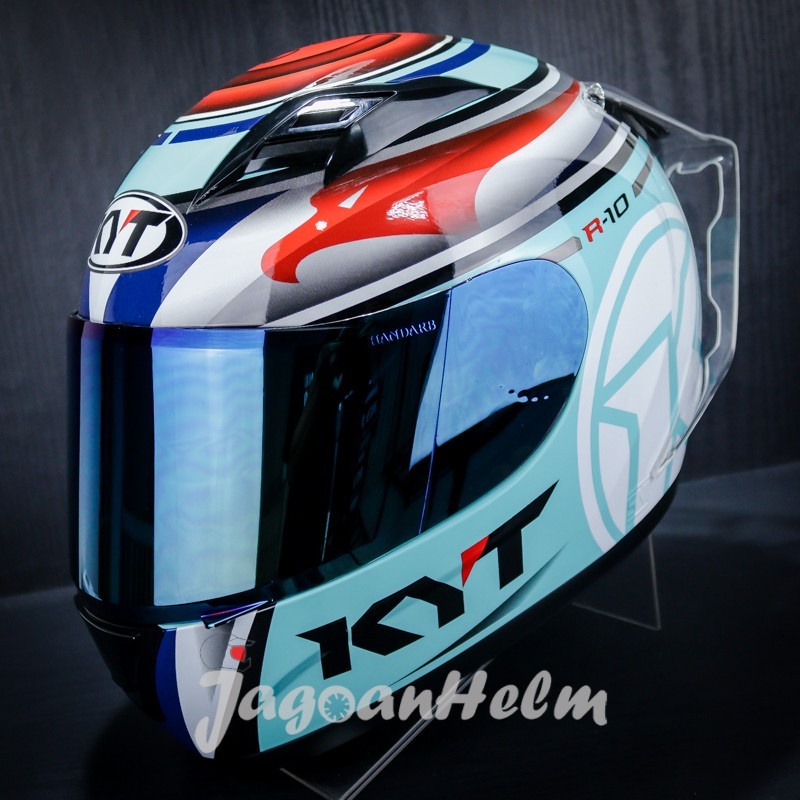HELM KYT R10 FLAT VISOR AQUA BLUE RED FLUO PAKET GANTENG | PINs READY /helm pria keren murah / helem