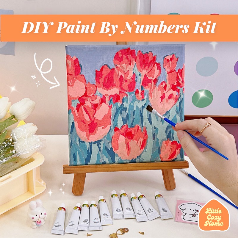 DIY Paint By Numbers Kit Flowers Canvas 20x20cm / Paket Melukis DIY Bunga / Aesthetic Decoration / Dekorasi Rumah Imut Korean Kanvas Style