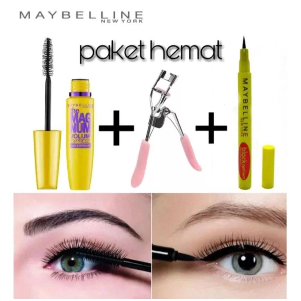 Paket Kosmetik Maybelline 3in1 / Paket MakeUp Kecantikan Mata - Maskara Maybelline Magnum + Eyeliner + Pelentik Bulu Mata