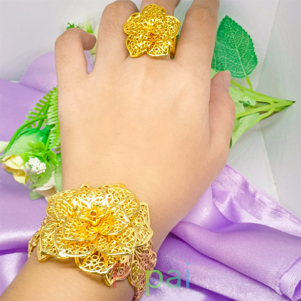 Satu set Gelang Kendari Dan cincin xuping perhiasan lapis Emas 24k Dubai bangle gold