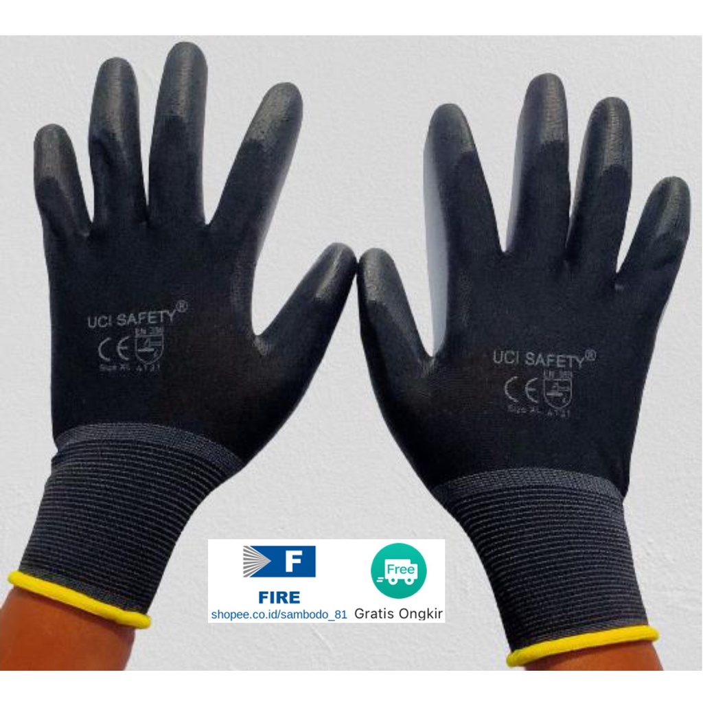 Sarung Tangan Satpam Anti Slip Hitam Black Hand Gloves Mekanik Montir Berkebun Tukang Telapak Tangan dilapisi karet Bahan Nylon Polyester Elektronik Assembly Static Multi Purpose Polyurethane Kerja Palmfit Safety Gloves