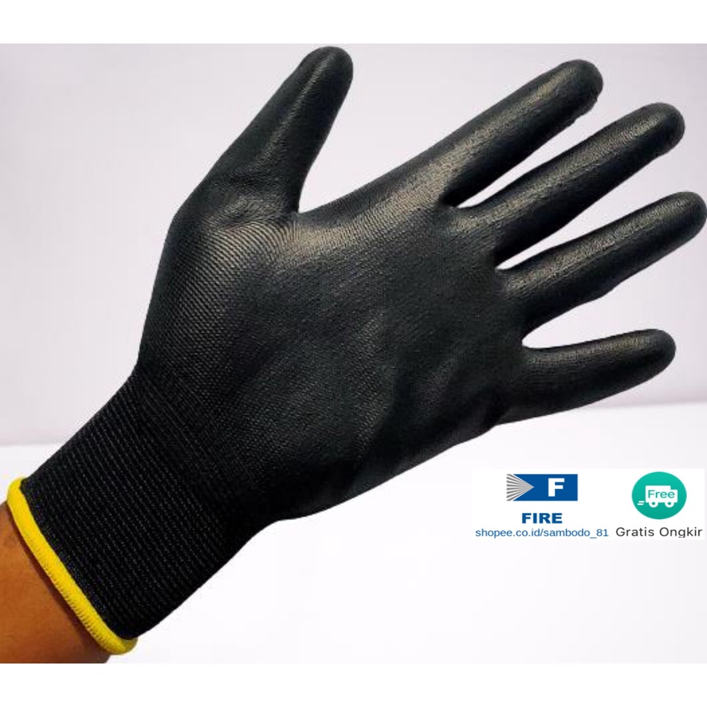 Sarung Tangan Ukuran S,M, L, XL Proyek Satpam Anti Slip Hitam Black Hand Gloves Mekanik Montir Berkebun Tukang Telapak Tangan dilapisi karet Bahan Nylon Polyester Elektronik Assembly Static Multi Purpose Polyurethane Kerja