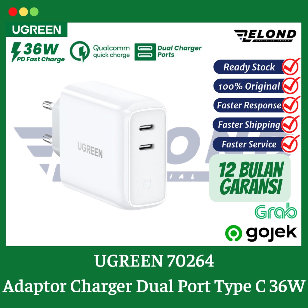 UGREEN Charger Adaptor 36W Dual Port USB Type C PD QC 4.0 UGREEN 70264