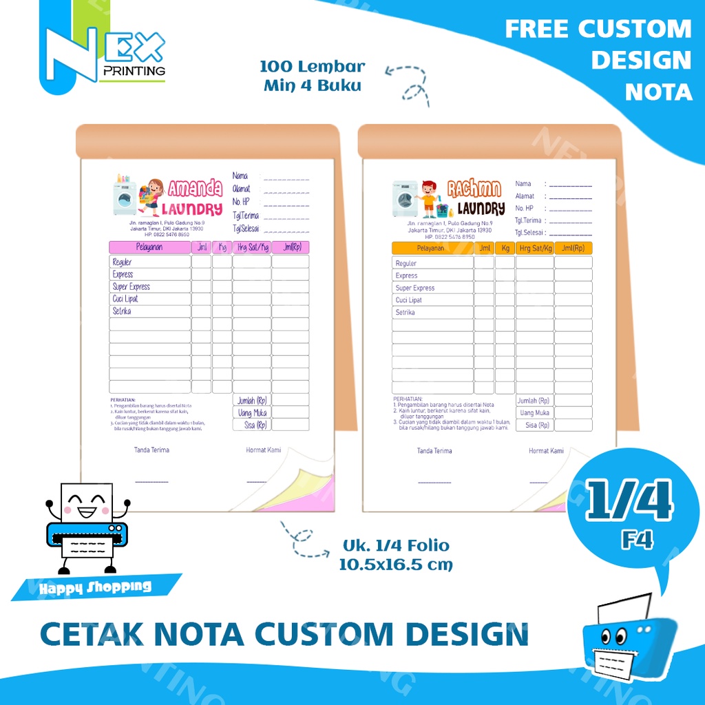 Jual Cetak Nota Laundry Folio Custom Design Bisa Satuan Ukuran Bon Faktur Untuk Toko Online