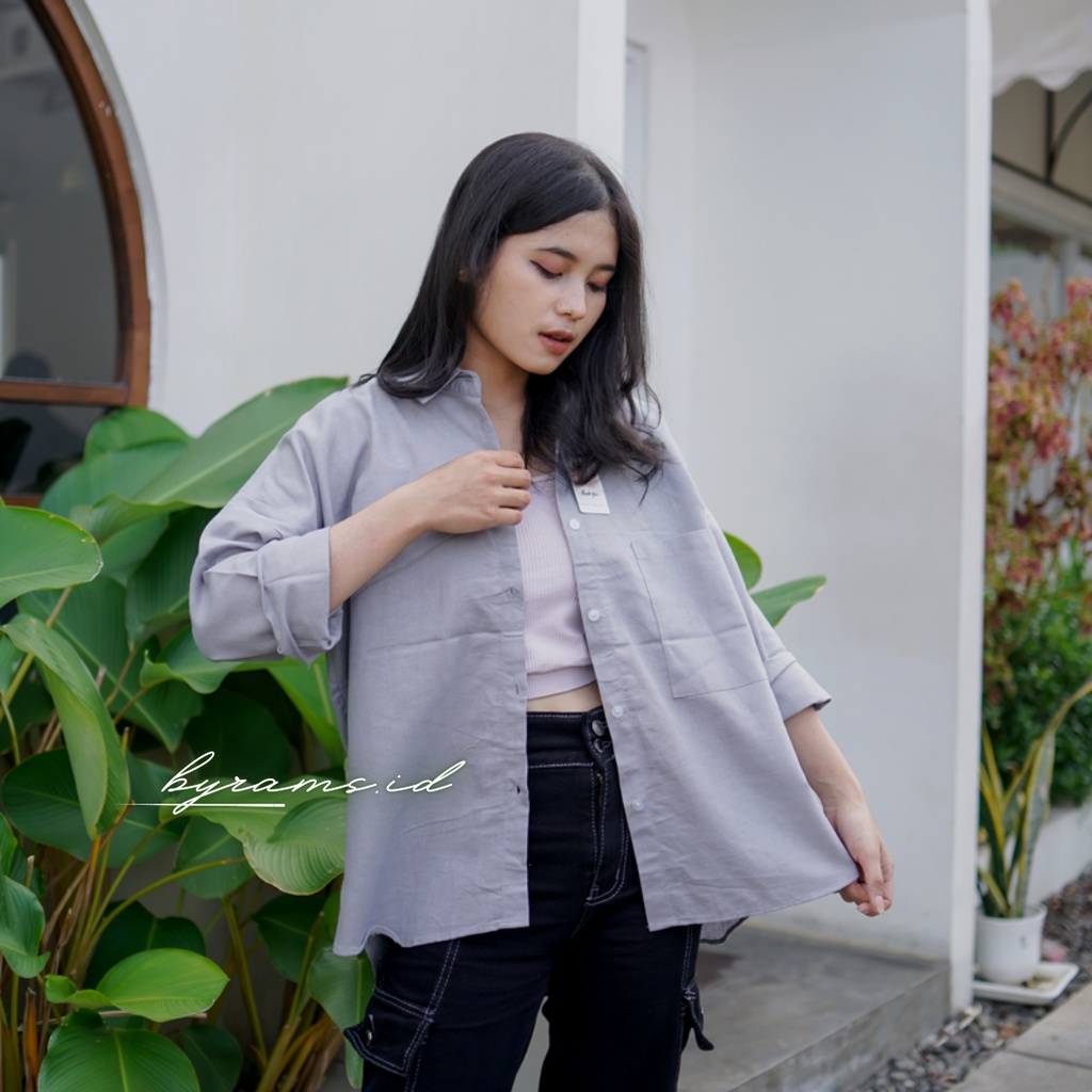 Kemeja Wanita Oversize Linen Olivia Shirt Linen Pocket Oversize-GREY