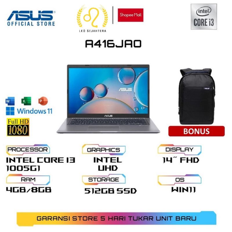 Notebook Asus A416JAO ram 4gb 8gb 12gb SSD 512GB baru segel garansi resmi Asus 2 tahun