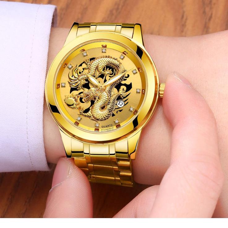 FNGEEN Jam Tangan Pria Naga Emas Luxury Stainless Steel Quartz Original Anti Air Dragon Gold Watch K